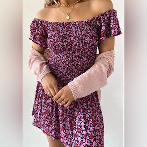 Lulus SUCH A DARLING Pink Floral Smocked Off The Shoulder Rayon Dress Size Small